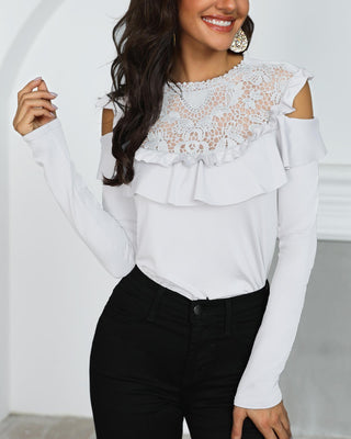 Crochet dentelle froufrous ouvert épaule blouse