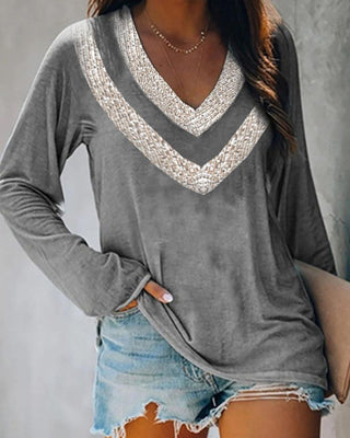 Haut à manches longues à col en V et color block