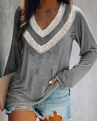Haut à manches longues à col en V et color block
