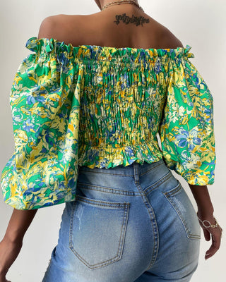 Top court à épaules dénudées et à manches lanternes froncées