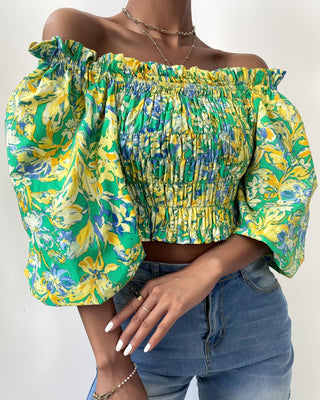 Top court à épaules dénudées et à manches lanternes froncées