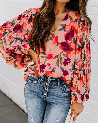 Haut plissé à imprimé floral et col en V à manches lanterne