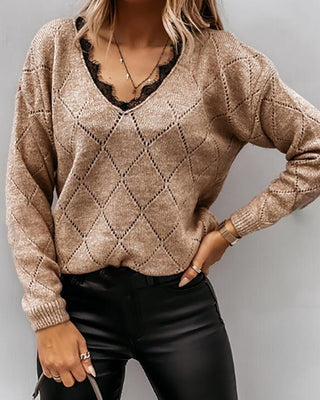 Pull en tricot à manches longues évidé avec bordure en dentelle
