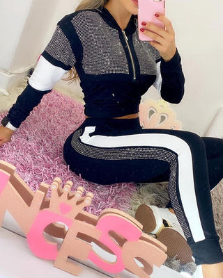 Ensemble haut à capuche clouté à blocs de couleurs et pantalon à bande rayée