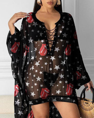 Couverture florale imprimée à ourlet plongeant en maille transparente à lacets à œillets