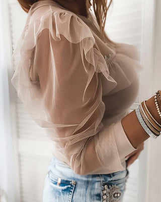 Haut à manches longues en maille transparente à volants