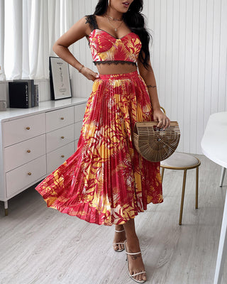 Ensemble jupe et top froncé à bretelles épaisses à imprimé tropical