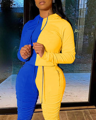 Ensemble haut à capuche color block et pantalon froncé