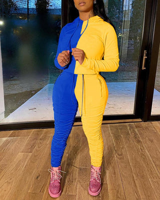 Ensemble haut à capuche color block et pantalon froncé