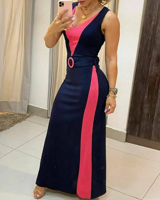 Robe longue color block à bretelles épaisses avec ceinture