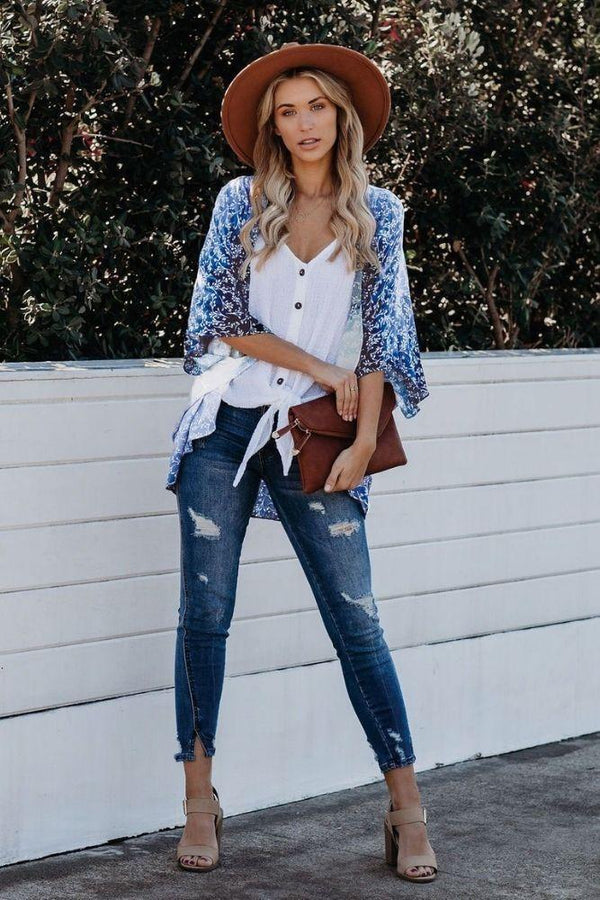 Kimono Floral Style Bohème - S / Bleu