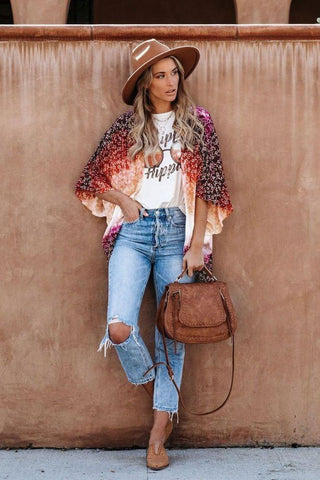 Kimono Floral Style Bohème - S / Orange