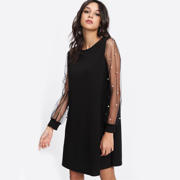 Robe Manches Transparentes Perles