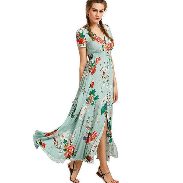 Maxi robe de soirée florale et évasée