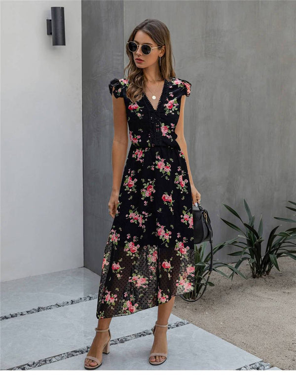 Robe Bohème Noir Fleuri