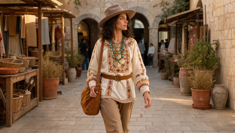 Femme élégante portant une tenue chic et bohème avec bijoux artisanaux, chapeau feutre, ceinture tressée et sac en daim dans une cour méditerranéenne ensoleillée.