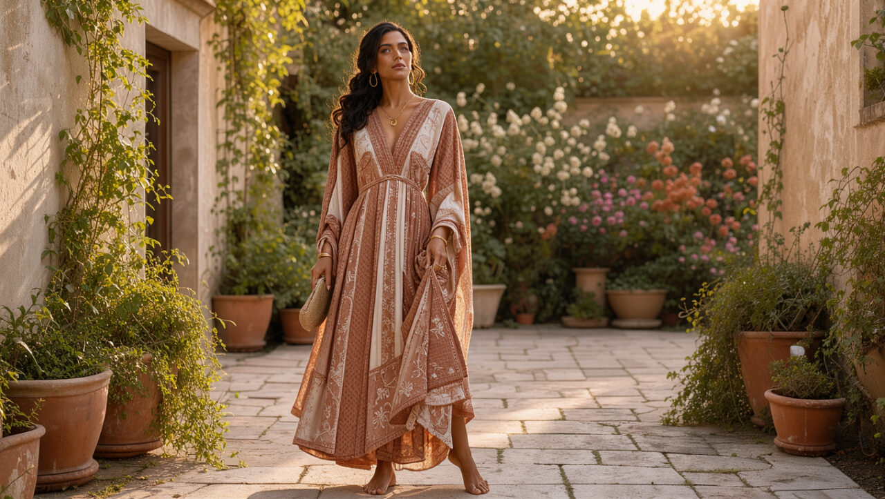 Femme élégante portant une robe bohème chic aux tons terracotta et ivoire dans un jardin baigné de lumière dorée.