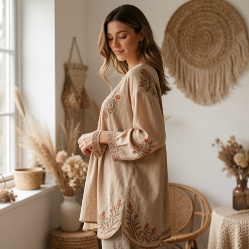 Femme portant une blouse bohème fluide aux tons naturels, avec broderies délicates et manches amples, dans un décor chaleureux aux matières texturées.