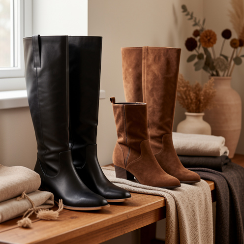 Différents modèles de bottes pour femme, en cuir et en daim, présentés dans des teintes brunes, noires et taupe.