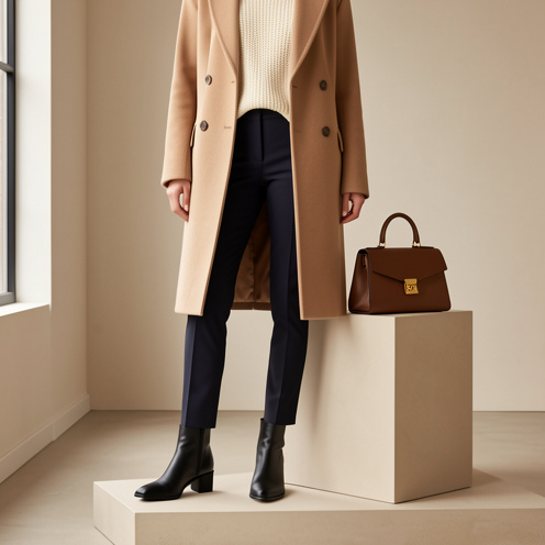 Bottines élégantes pour femme en cuir noir, présentées avec un manteau beige, un pull écru, un pantalon sombre et un sac structuré.