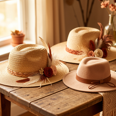 Collection de chapeaux bohèmes présentant différentes formes, matières naturelles et détails décoratifs dans une ambiance chaleureuse.