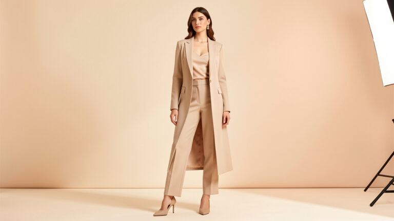 Femme portant une tenue élégante dans des tons nude avec des chaussures beiges raffinées, dans un studio minimaliste.