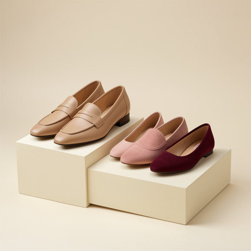 Chaussures pour femme élégantes et confortables, présentées sur un piédestal crème dans des tons beige, rose poudré et bordeaux.