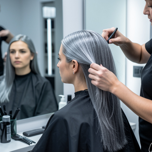 Une femme aux cheveux gris métallisé observe le résultat dans un miroir de salon pendant qu’un coiffeur applique délicatement un soin nourrissant.