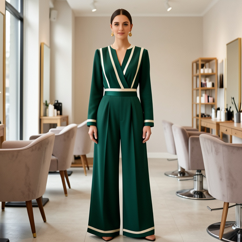 Femme élégante portant une combinaison de cérémonie vert émeraude à coupe ample dans un salon raffiné.