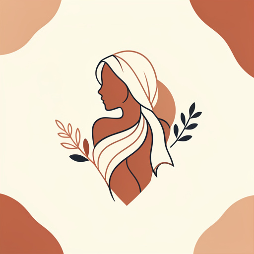 Emblème minimaliste représentant une silhouette féminine abstraite, un foulard fluide et un motif botanique dans un style plat et élégant.