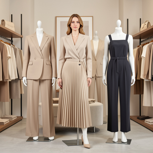Présentation élégante de pantalons, jupes et combinaisons pour femme dans une boutique raffinée.