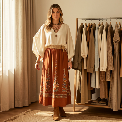 Femme portant une tenue bohème harmonieuse dans des tons crème, rouille et naturels, près d’une sélection de vêtements coordonnés.