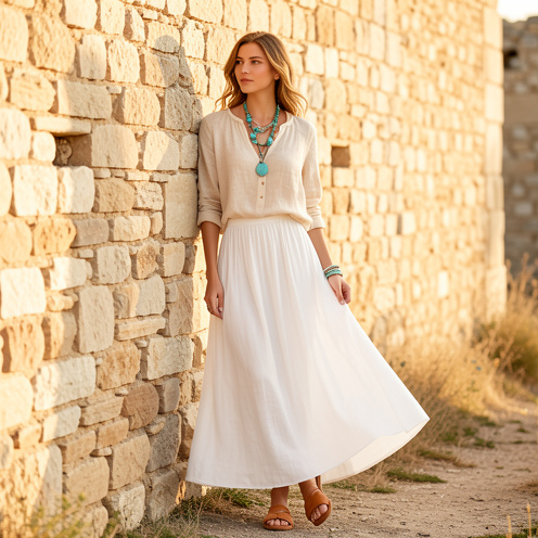 Femme portant une longue jupe blanche fluide dans une tenue bohème chic, avec blouse en lin, bijoux turquoise et sandales en cuir, devant un mur en pierre éclairé par une lumière dorée.