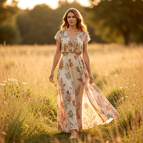 Femme portant une longue jupe bohème fluide aux imprimés botaniques dans une prairie éclairée par la lumière dorée.