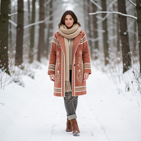 Femme portant un manteau d’hiver bohème aux tons terre cuite et crème dans un paysage forestier enneigé.