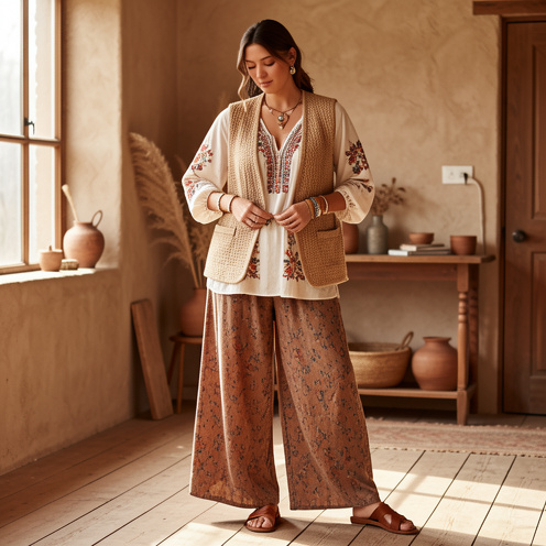 Femme portant un pantalon bohème ample avec une blouse légère et un gilet en fibres naturelles dans un intérieur rustique baigné de lumière.