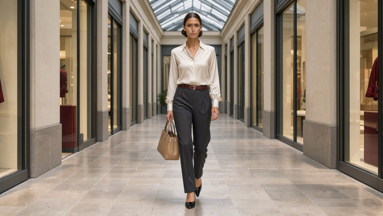 Femme élégante portant un pantalon habillé avec une blouse raffinée et des chaussures pointues dans un décor urbain lumineux.