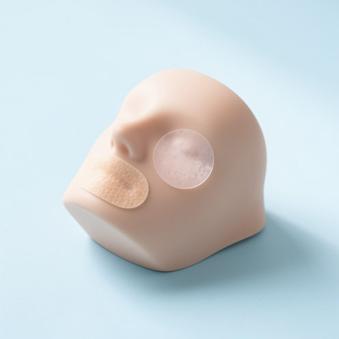 Patch dermatologique couleur chair présenté à côté d’un modèle de peau en silicone dans un environnement médical propre.