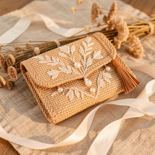Pochette bohème chic de mariage en fibres naturelles, décorée de broderies ivoire, de perles discrètes et d’un pompon en cuir, posée sur du lin avec des fleurs séchées.