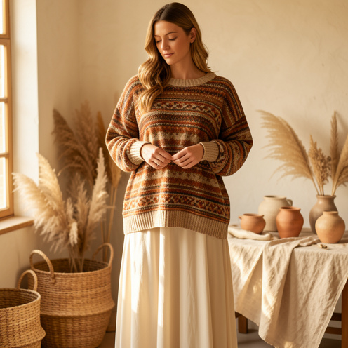 Femme portant un pull bohème ample aux tons terre avec une jupe crème, dans un décor rustique baigné de lumière naturelle.