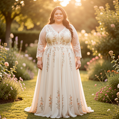 Femme grande taille portant une élégante robe bohème ivoire ornée de broderies florales et de dentelle dans un jardin baigné de lumière.