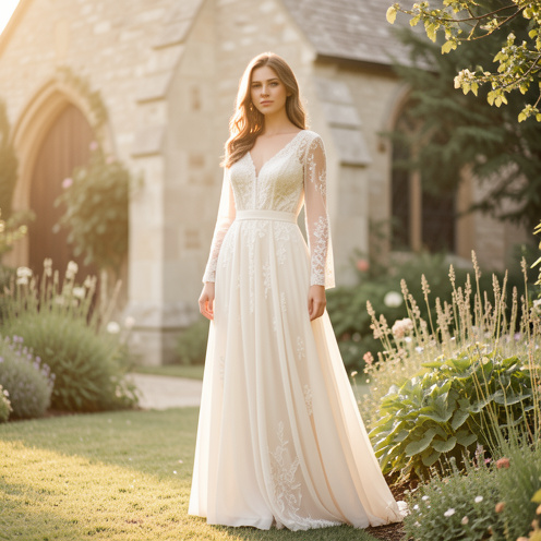 Femme portant une élégante robe bohème ivoire avec dentelle et manches longues dans un jardin lumineux près d’une chapelle.