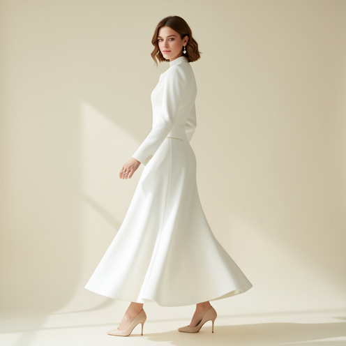 Femme portant une robe blanche élégante à la coupe raffinée dans un studio lumineux aux tons neutres.