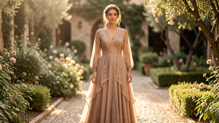 Femme élégante portant une robe bohème raffinée dans un jardin baigné de lumière dorée.