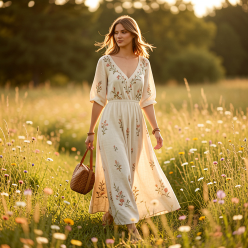 Jeune femme portant une robe bohème champêtre élégante dans une prairie fleurie baignée de lumière dorée.