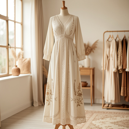 Robe longue bohème chic haut de gamme présentée sur un mannequin en bois, avec broderies délicates, finitions en dentelle et coutures soignées.