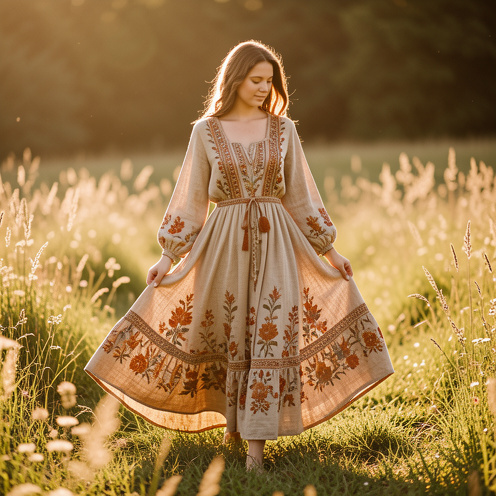 Jeune femme portant une robe bohème fluide aux tons terreux, avec broderies florales et texture naturelle, dans une prairie éclairée par le soleil.
