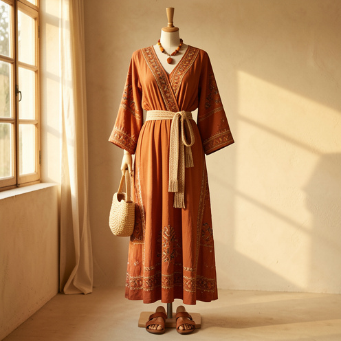 Robe bohème longue couleur terracotta présentée avec une ceinture tressée, un sac en raphia, des sandales en cuir et des bijoux aux tons naturels.