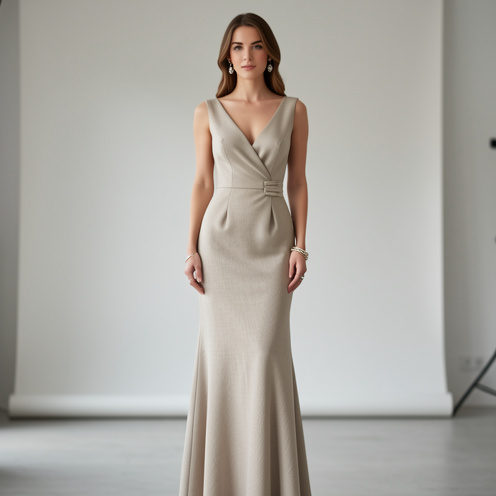 Femme portant une robe élégante à la coupe chic et raffinée dans un studio de mode lumineux.