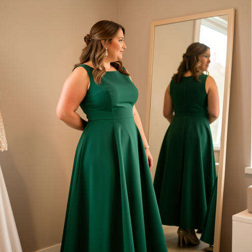 Femme grande taille portant une élégante robe de soirée à coupe évasée dans une boutique lumineuse.